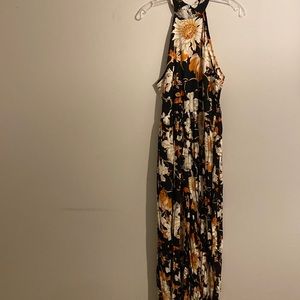 Black White Orange Floral Pleated Jumpsuit